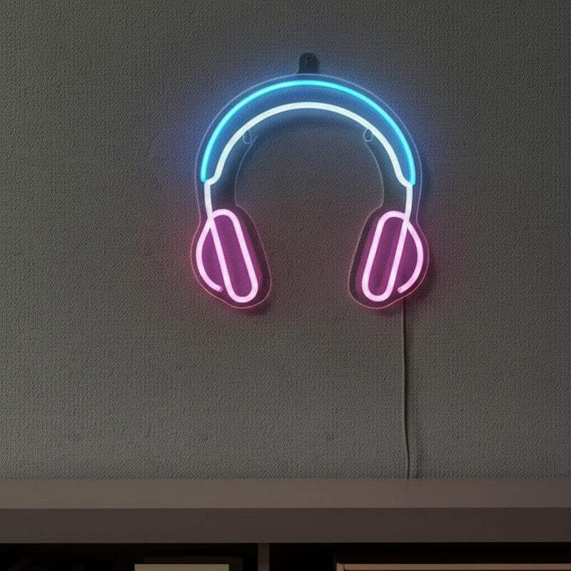 Kopfhörer Neon LED Schild auf 6mm Acrylplatte – Plattenladen und Vinyl Shop Deko