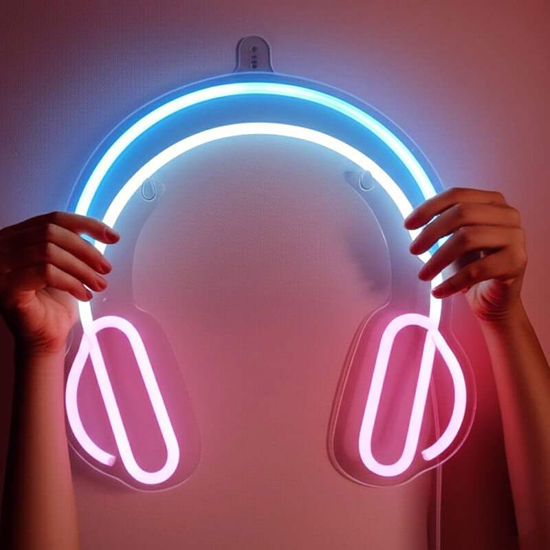 Kopfhörer Neon LED Schild beleuchtet – Tonstudio und Produzenten Setup Deko