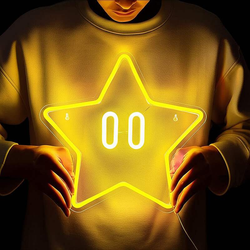 Super Star LED Leuchtschild beleuchtet – Power-Up Wanddeko in Gold