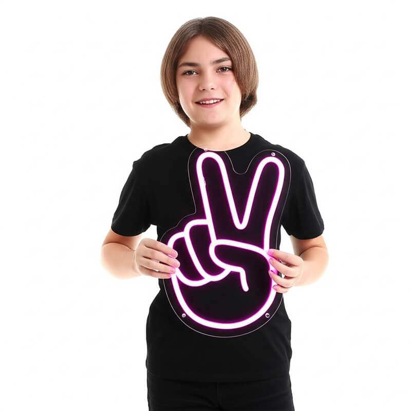 Peace Handzeichen Neonschild dimmbar 9 Stufen USB – handgefertigte Retro Deko