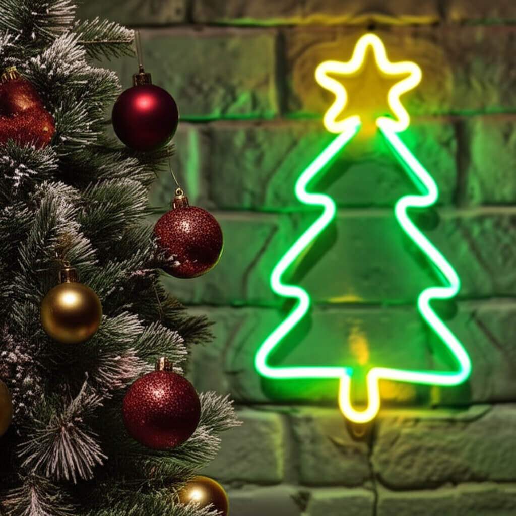 Weihnachtsbaum LED Leuchtschild beleuchtet – Adventsdeko für Schaufenster