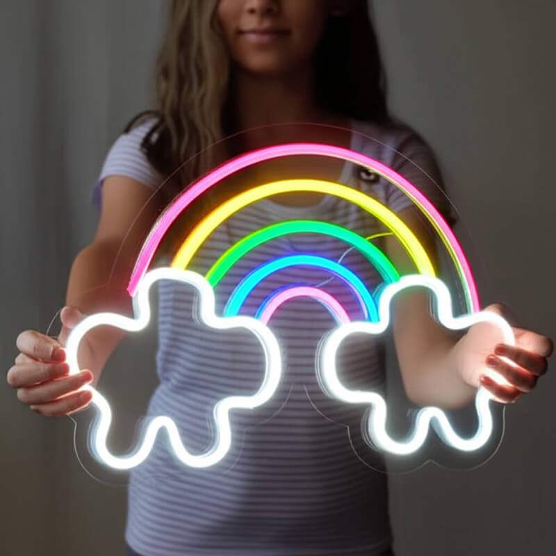 Regenbogen Wolken LED Leuchtschild beleuchtet – Traum Wanddeko für Babys