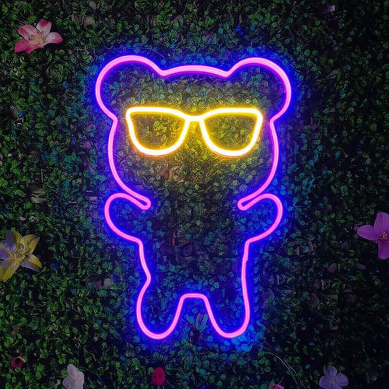 Teddybär Neon LED Schild USB – Kinderzimmer Deko mit Brillen-Motiv
