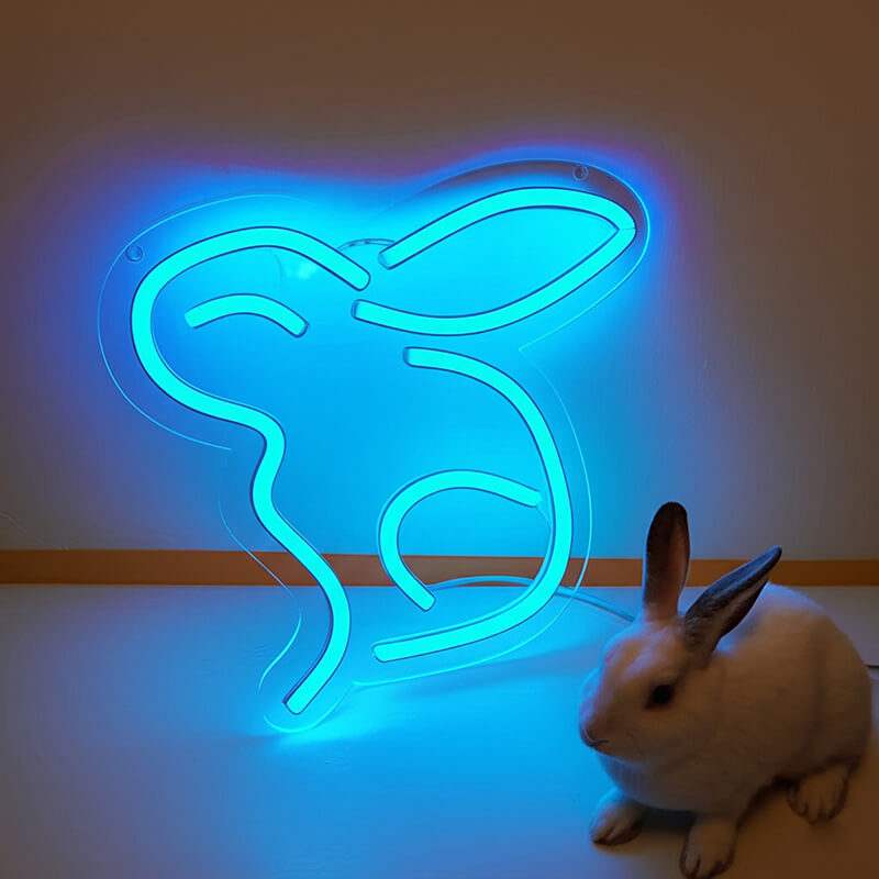Blauer Hase Neon LED Schild – handgefertigte Kawaii-Deko als Geschenk für Kinder
