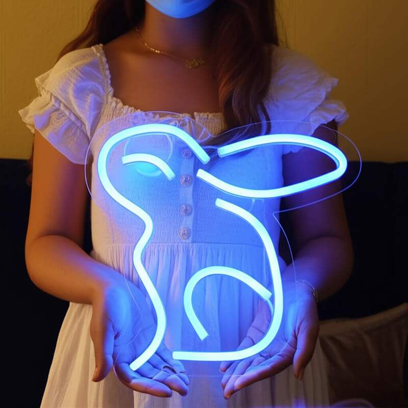 Blauer Hase Neon LED Schild beleuchtet – Hasen-Motiv als USB-Leuchtschild