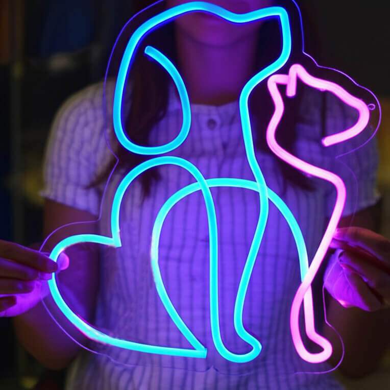 Hund und Katze Neon LED Schild dimmbar 9 Stufen USB – Tierarztpraxis Beleuchtung