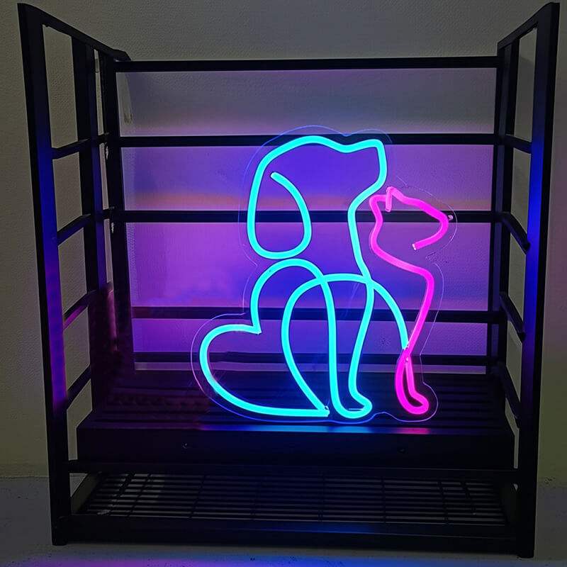 Hund und Katze Neon LED Schild handgefertigt – Hundeschule und Tierpension Wanddeko