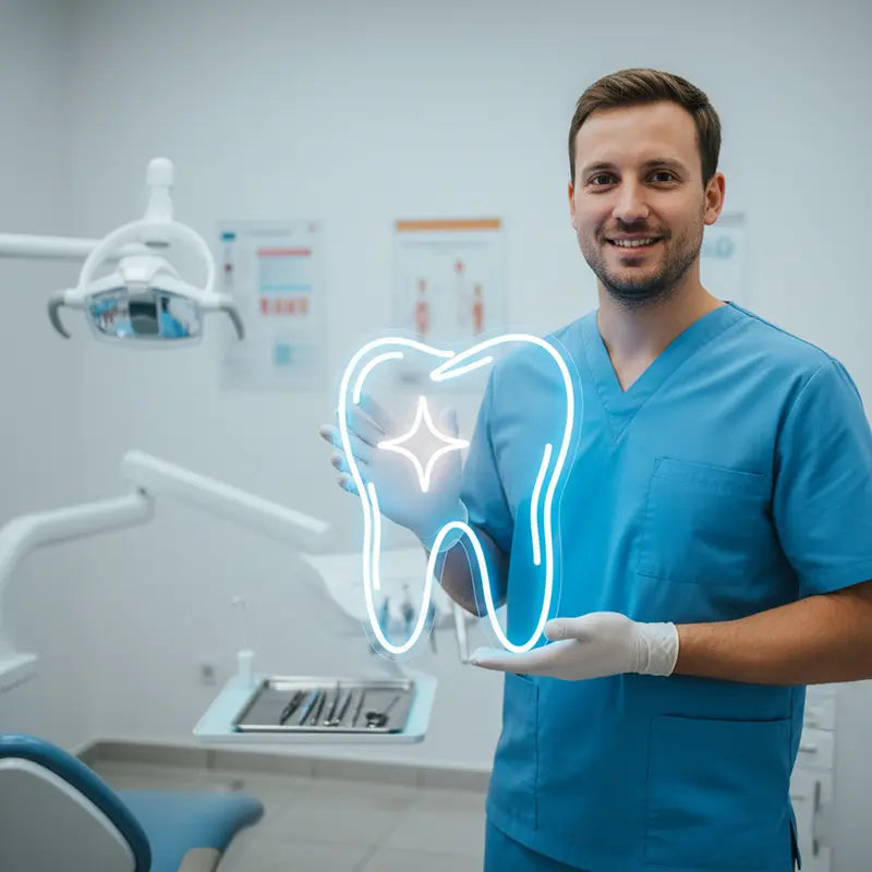 LED-Neon-Schild als Zahnarzt-Symbol auf dunkler Ziegelwand, ideal für die Außenwerbung einer Dentalpraxis.
