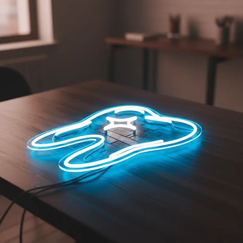 Custom-Neon-Sign in der Form eines gesunden Zahns mit einem leuchtenden Glanzeffekt, vor dunkler Stadtszenerie.
