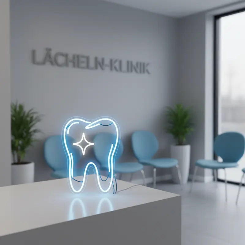 Leuchtendes Zahn-Symbol als Neon-Wanddeko in Blau und Weiß, mit Blitzen an den Seiten.
