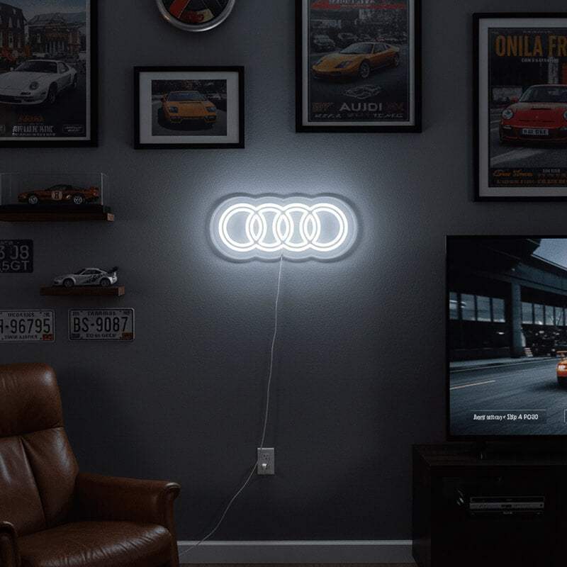 Audi Garagen Neon LED Schild – 4 Ringe Logo als Mancave-Wanddeko mit USB