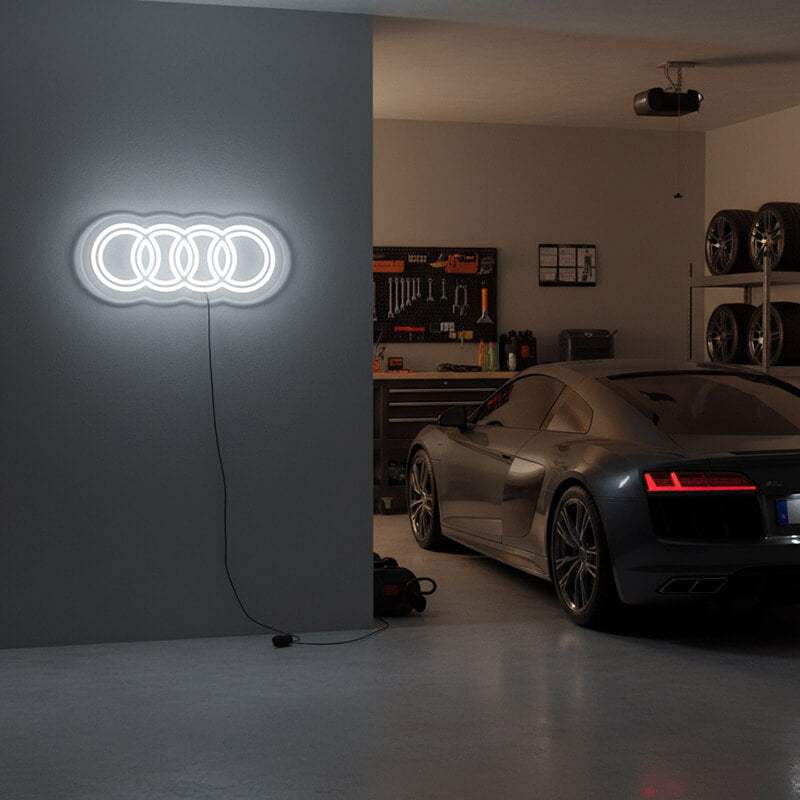 Audi Ringe Neon LED Schild – Auto-Symbol als beleuchtete Wanddeko für Männerhöhle