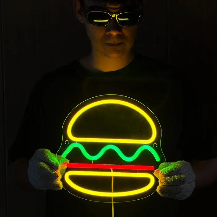 Mini Burger Neon LED Schild – USB, dimmbar | Burger Imbiss Schild