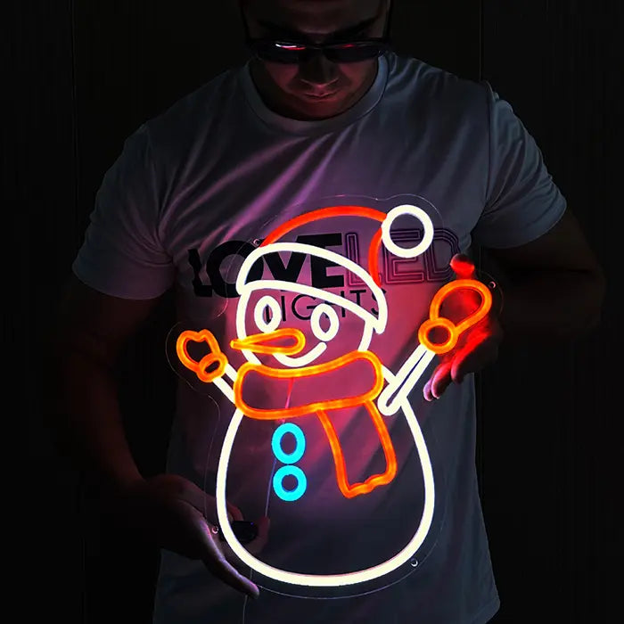 Schneemann Neon LED Schild – USB Leuchtschild | Winter Wanddeko