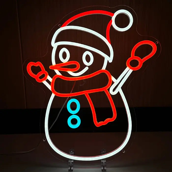 Schneemann Neon LED Schild – Frontansicht beleuchtet weiß-roter Schneemann USB