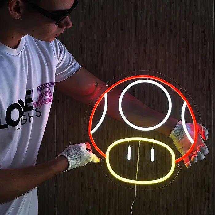 Super-Pilz Neon LED Schild – USB Leuchtschild | Mario Gaming Wanddeko