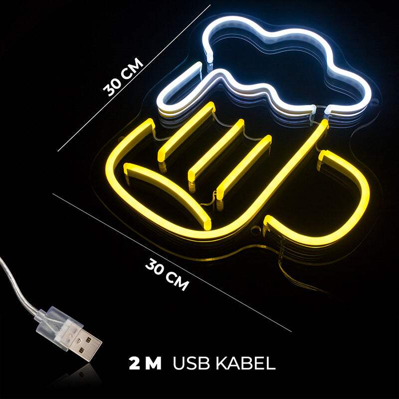 Bier Schaumkrug Neon LED Schild – Partykeller-Deko mit USB-Anschluss