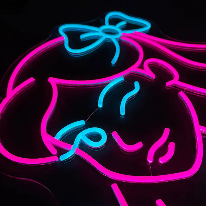Mindy Bunny Neon LED Schild, Produktaufnahme des eingeschalteten Motivs, 12V mit Fernbedienung dimmbar