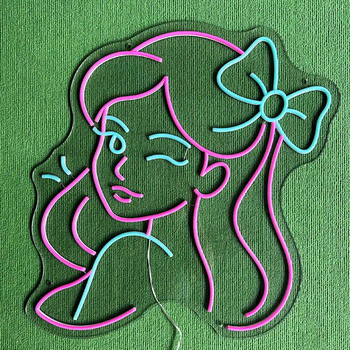Mindy Bunny Neon LED Schild, Übergänge der Neonlinien aus der Nähe, 12V mit Fernbedienung dimmbar