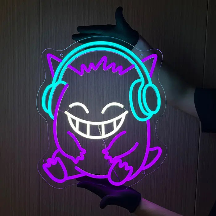Pokémon Gengar Chill Neon LED Schild, seitlich fotografiert, konturierte Acrylplatte sichtbar