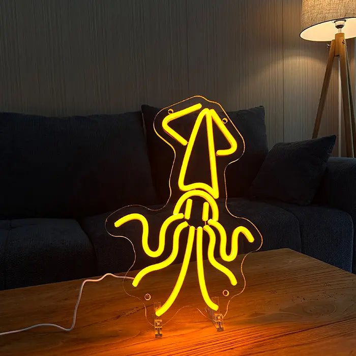 Goldener Tintenfisch Neon LED Schild – USB, dimmbar | Maritim Wanddeko