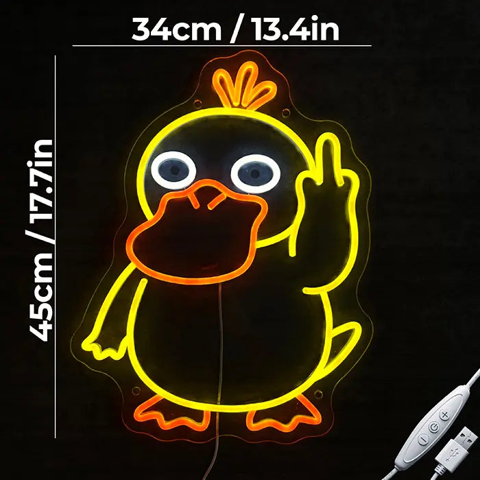 Pokémon Enton Mittelfinger Neon LED Schild mit Maßangaben 34 cm und 45 cm, daneben USB-Dimmerkabel