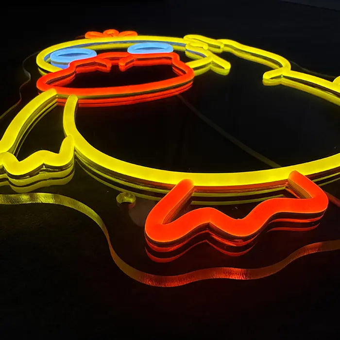 Pokémon Enton Mittelfinger Neon LED Schild schräg von oben, Schnabel und Acrylkante im Detail