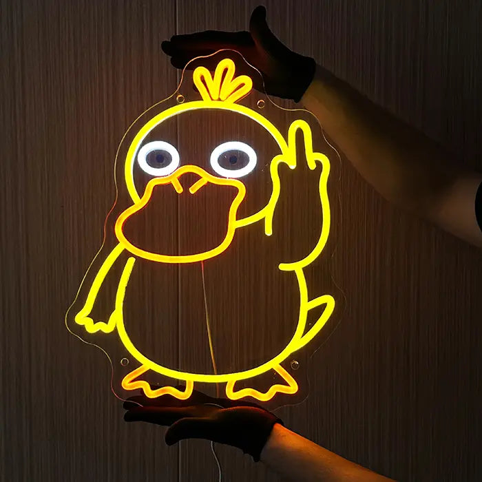Pokémon Enton Mittelfinger Neon LED Schild mit Handschuhen an der Wand ausgerichtet