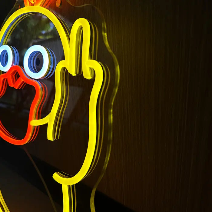 Pokémon Enton Mittelfinger Neon LED Schild seitlich in Nahaufnahme, Auge und erhobene Hand im Bild