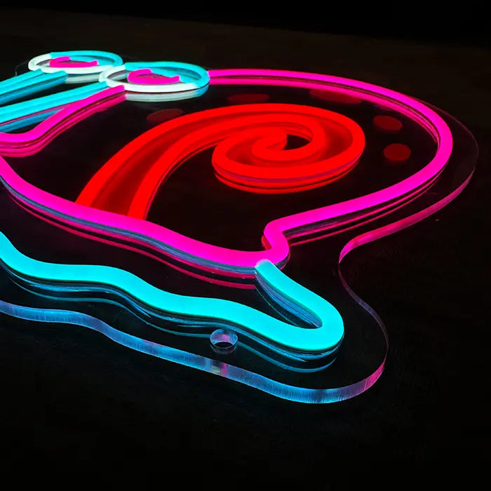 Gary Schnecke Neon LED Schild schräg von oben, Schneckenhaus und Punkte im Detail