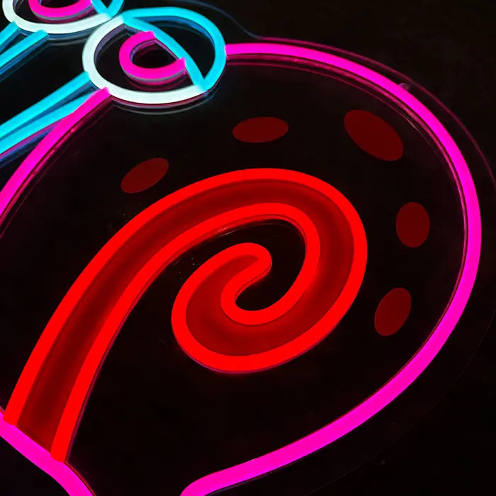 Gary Schnecke Neon LED Schild in Makroaufnahme, die Spirale des Schneckenhauses füllt das Bild