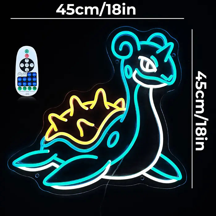 Pokémon Lapras Neon LED Schild mit Maßangaben 45 cm und 45 cm, daneben eine Fernbedienung