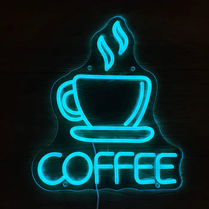 Coffee Tasse Neon LED Schild frontal leuchtend, Tasse mit Dampf und Schriftzug in Eisblau