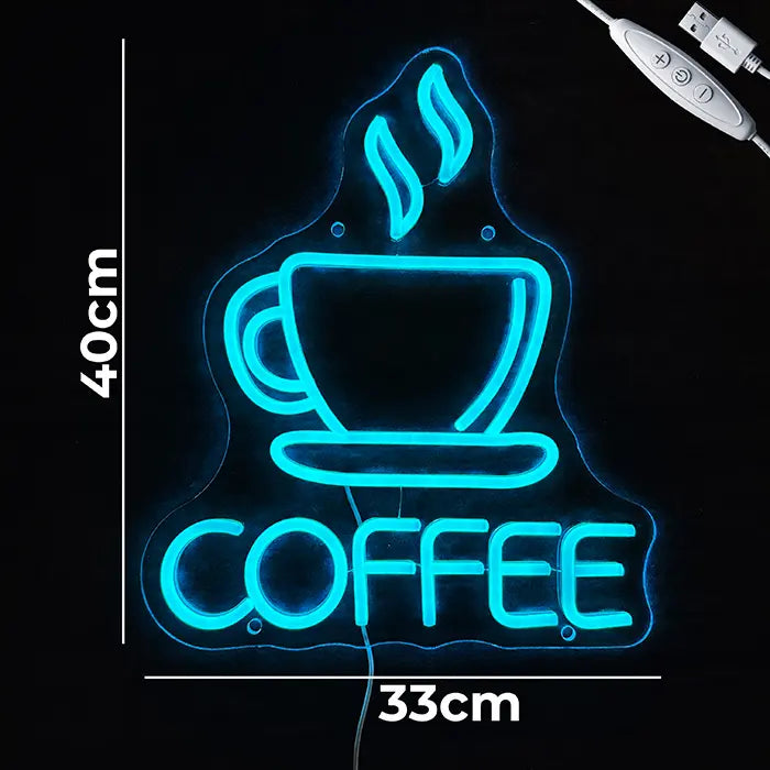 Coffee Tasse Neon LED Schild mit Maßangaben 33 cm und 40 cm, daneben das USB-Kabel mit Inline-Dimmer