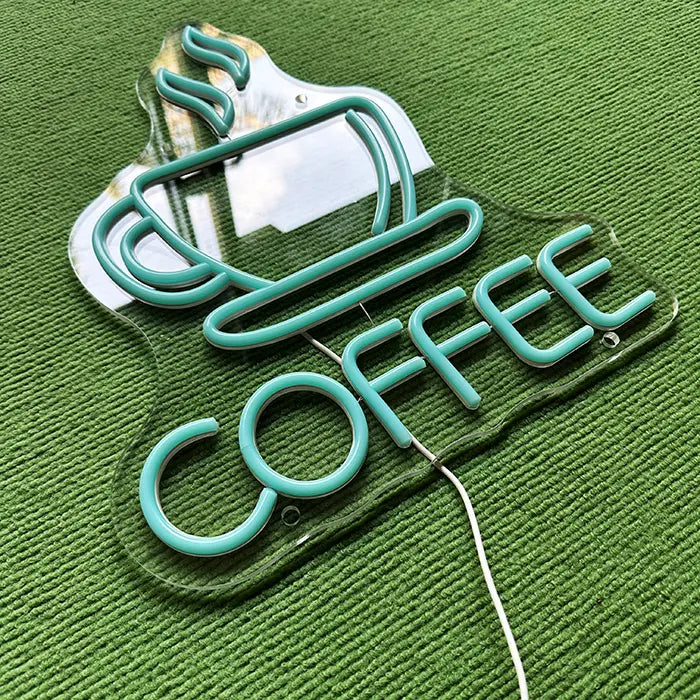 Coffee Tasse Neon LED Schild ausgeschaltet schräg von oben, Neonschläuche auf der Acrylplatte