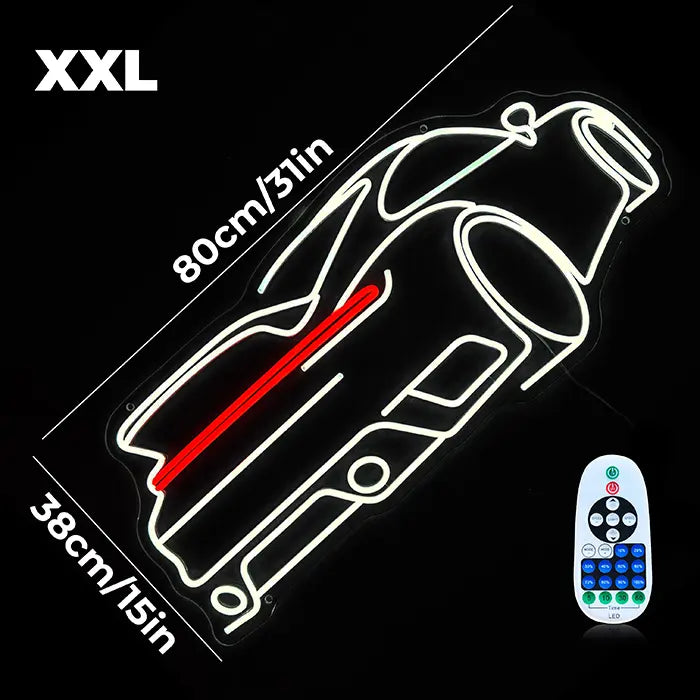 GT-Sportwagen Neon LED Schild mit Maßangaben 80 cm und 38 cm, daneben die Fernbedienung