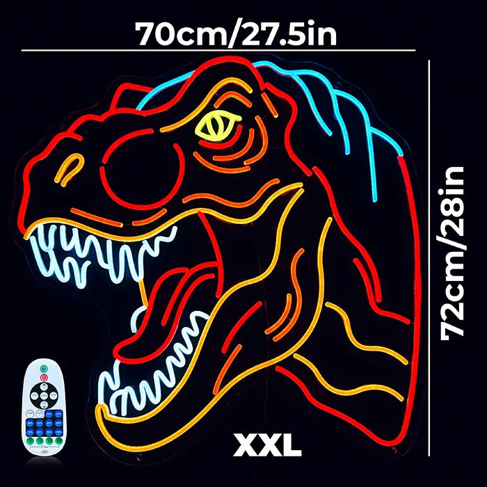 T-Rex Dino Neon LED Schild mit Maßangaben 70 cm und 72 cm in XXL, daneben die Fernbedienung