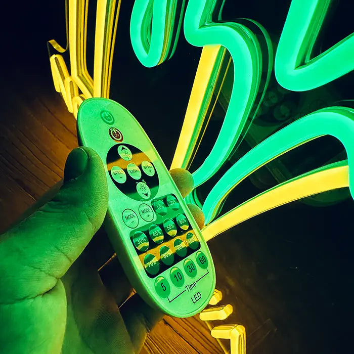 McDonald's Not Lovin' It Neon LED Schild aus der Nähe mit Fernbedienung in der Hand vor den Neonlinien