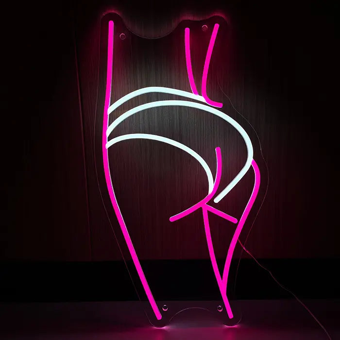 Sexy Boogie Neon LED Schild frontal vor dunkler Holzwand, Körpersilhouette in Pink mit weißem Slip