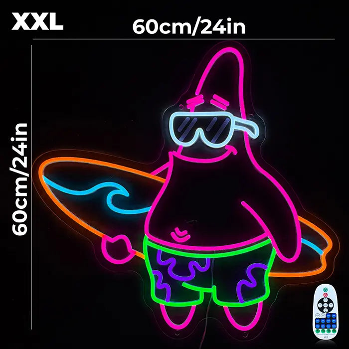 Patrick Surfer Neon LED Schild mit Maßangabe 60 × 60 cm und Dimmer-Fernbedienung