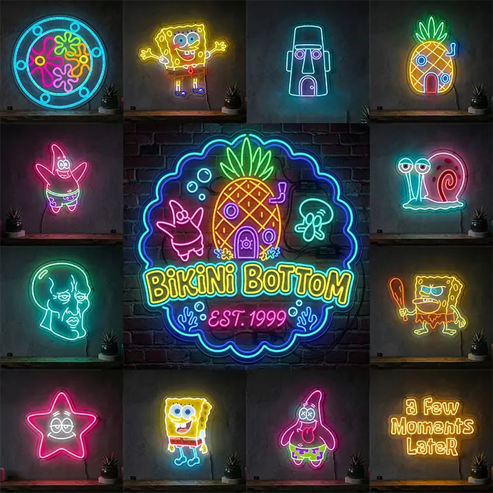 Bikini-Bottom Charaktere Set Neon LED Schild – 12 Motive, dimmbar | Schwammkopf Deko
