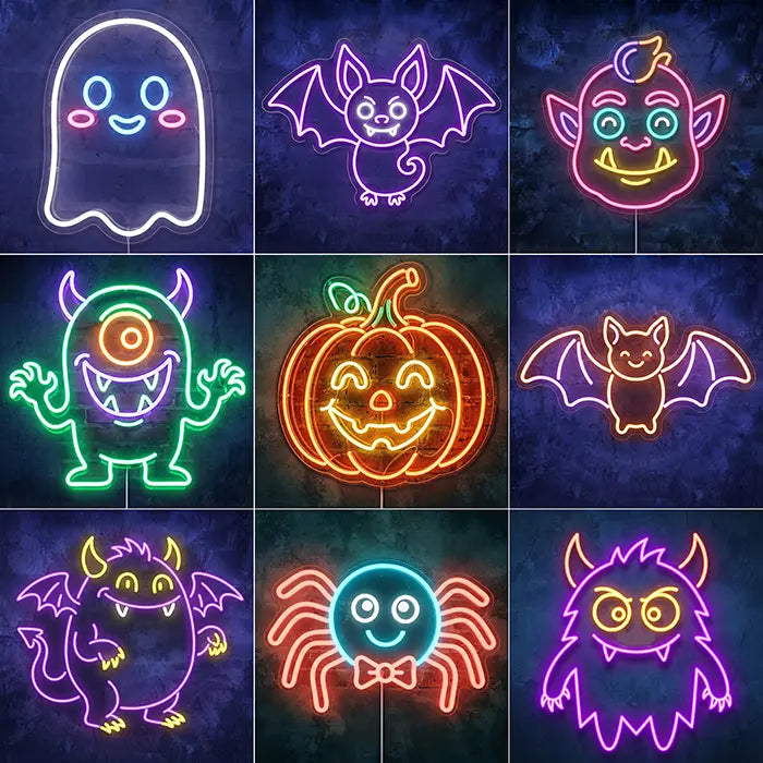 Happy Spuck Set Neon LED Schild – 9 Motive, dimmbar | Halloween Kinderzimmer Deko