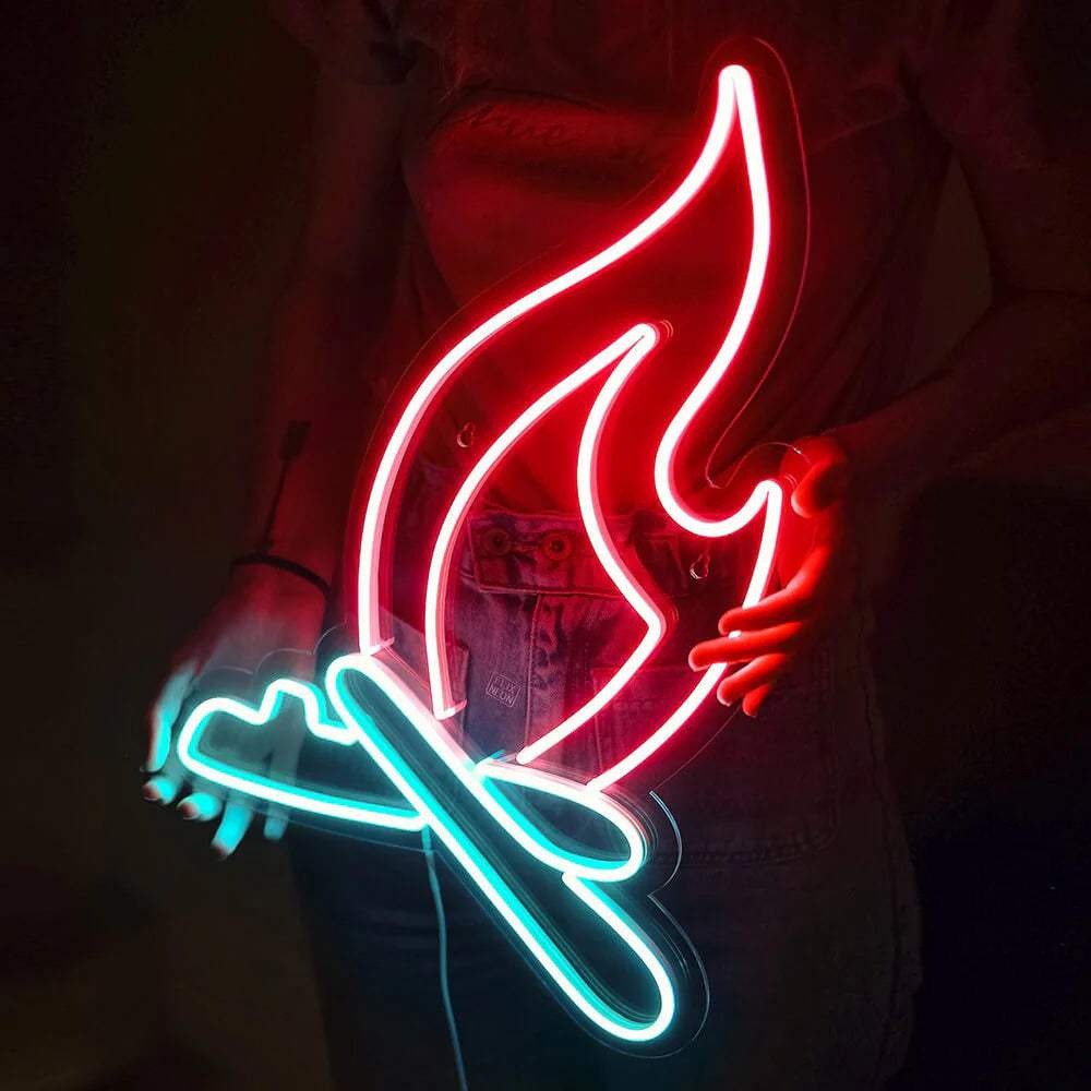 Lagerfeuer LED Leuchtschild beleuchtet – warmes Neon-Licht als Wohnzimmer Deko