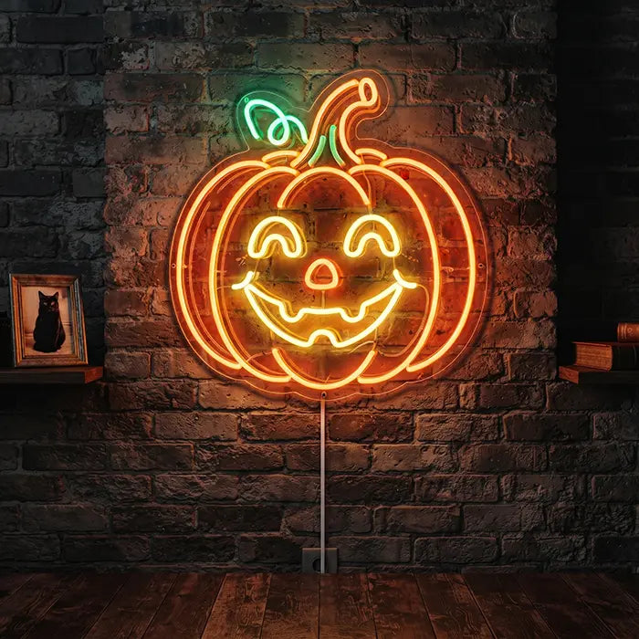 Glücklicher Halloween Kürbis Neon LED Schild – Dimmbar mit Fernbedienung | Halloween Deko