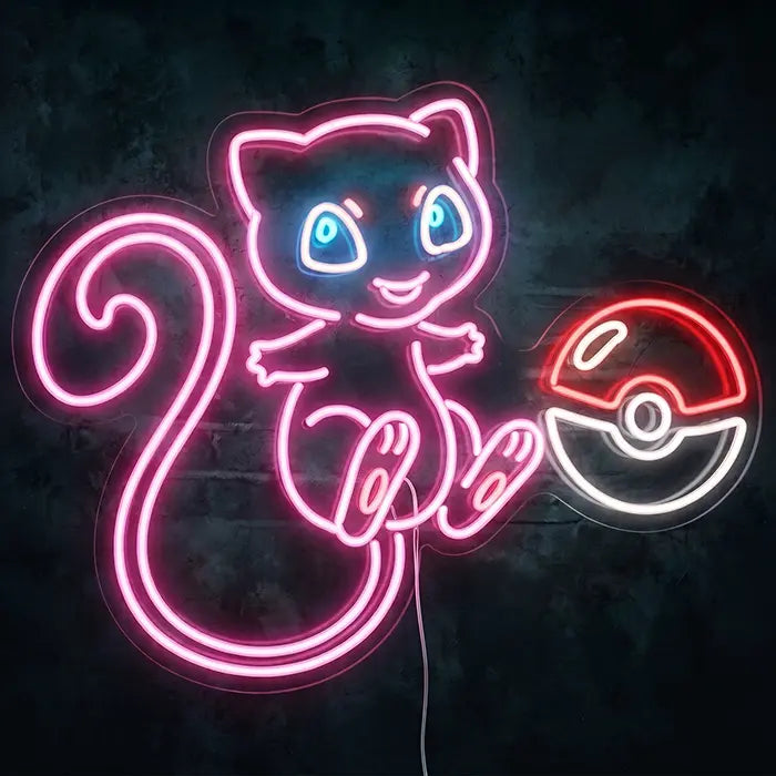 Süßer Mew mit Pokéball Neon LED Schild – Dimmbar mit Fernbedienung | Pokémon Gaming Wanddeko