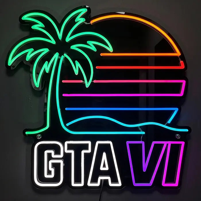 GTA VI Miami Set Neon LED Schild im Design Black Edition auf schwarzer Acrylplatte, Palme, Retro-Sonne und Schriftzug GTA VI