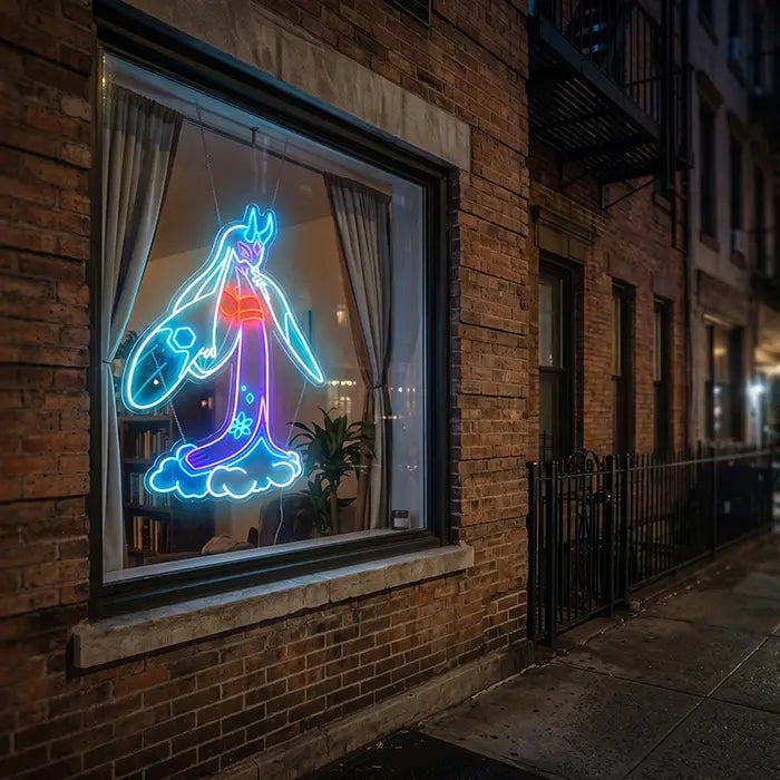 Pokémon Mega-Frosdedje Neon LED Schild im Fenster eines Backsteinhauses, nachts von der Straße aus gesehen