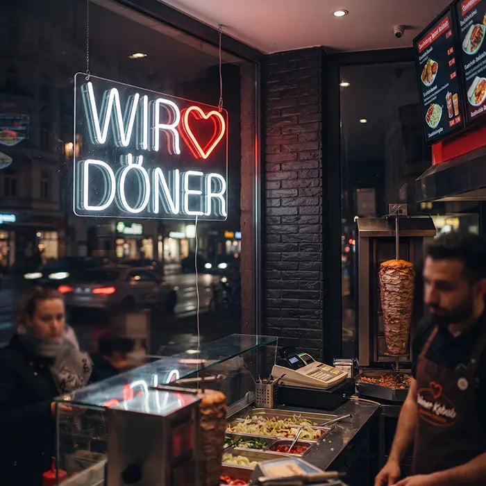 Wir lieben Döner Neon LED Schild über der Theke eines Imbisses, daneben ein Mitarbeiter am Dönerspieß