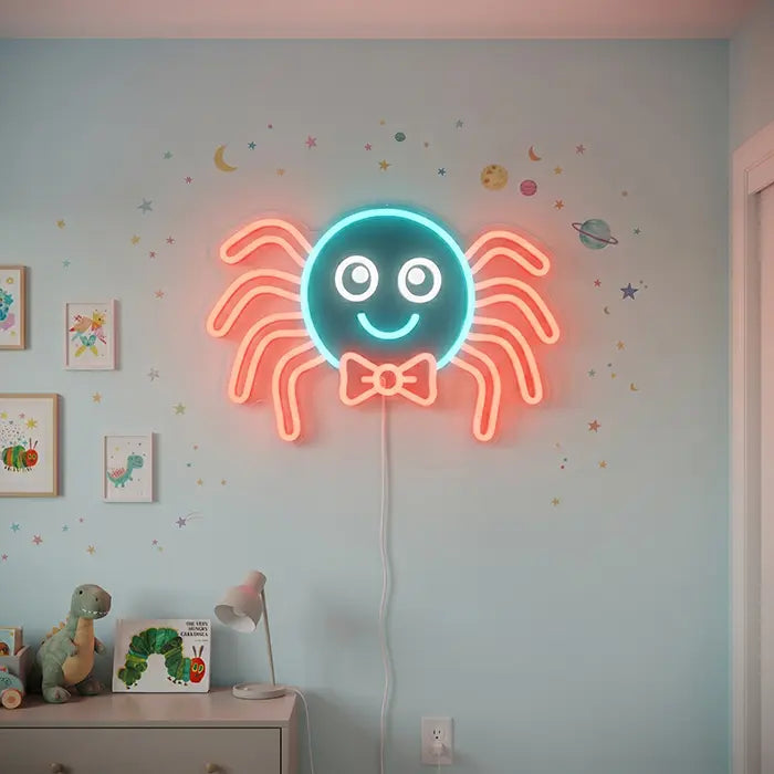 Süße Spinne Neon LED Schild – Dimmbar mit Fernbedienung | Kinderzimmer Halloween Deko