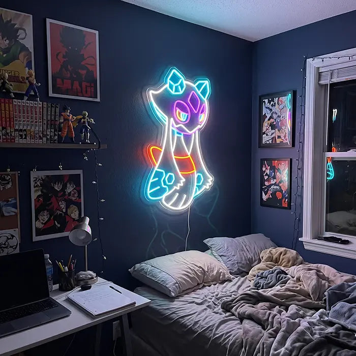 Pokémon Frosdedje Neon LED Schild an dunkelblauer Schlafzimmerwand mit Anime-Postern über Schreibtisch und Bett